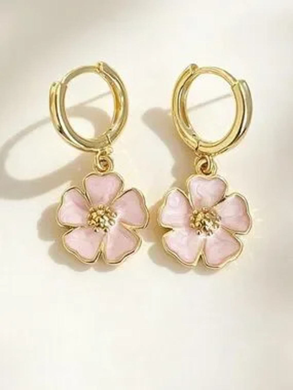 Anthropologie Gold Hoop Earrings with Pale Pink Flower Charms